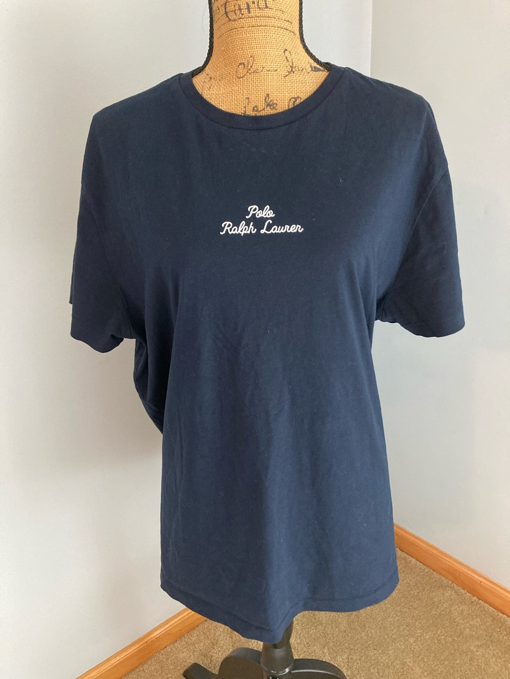 Polo by Ralph Lauren Navy Crewneck Tee with Embroidered White Script Men Size L